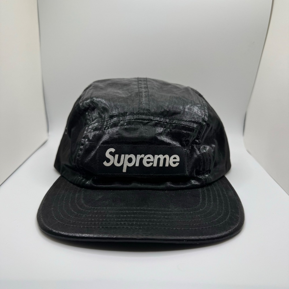 Supreme Polyurethane Coated Linen Camp Cap Black 5 Panel Box Logo Made in USA